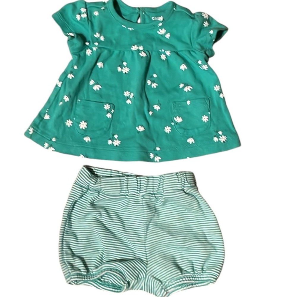 •CARTERS'•GREEN & WHITE MATCHING FLORAL TOP & STRIPES BLOOMER SET SIZE 3 MONTHS